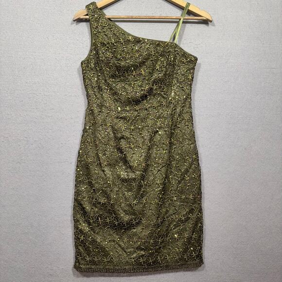 Adrianna Papell One Shoulder Dress Olive Green Lace Sequin Formal Gown Size 2 - Picture 1 of 9